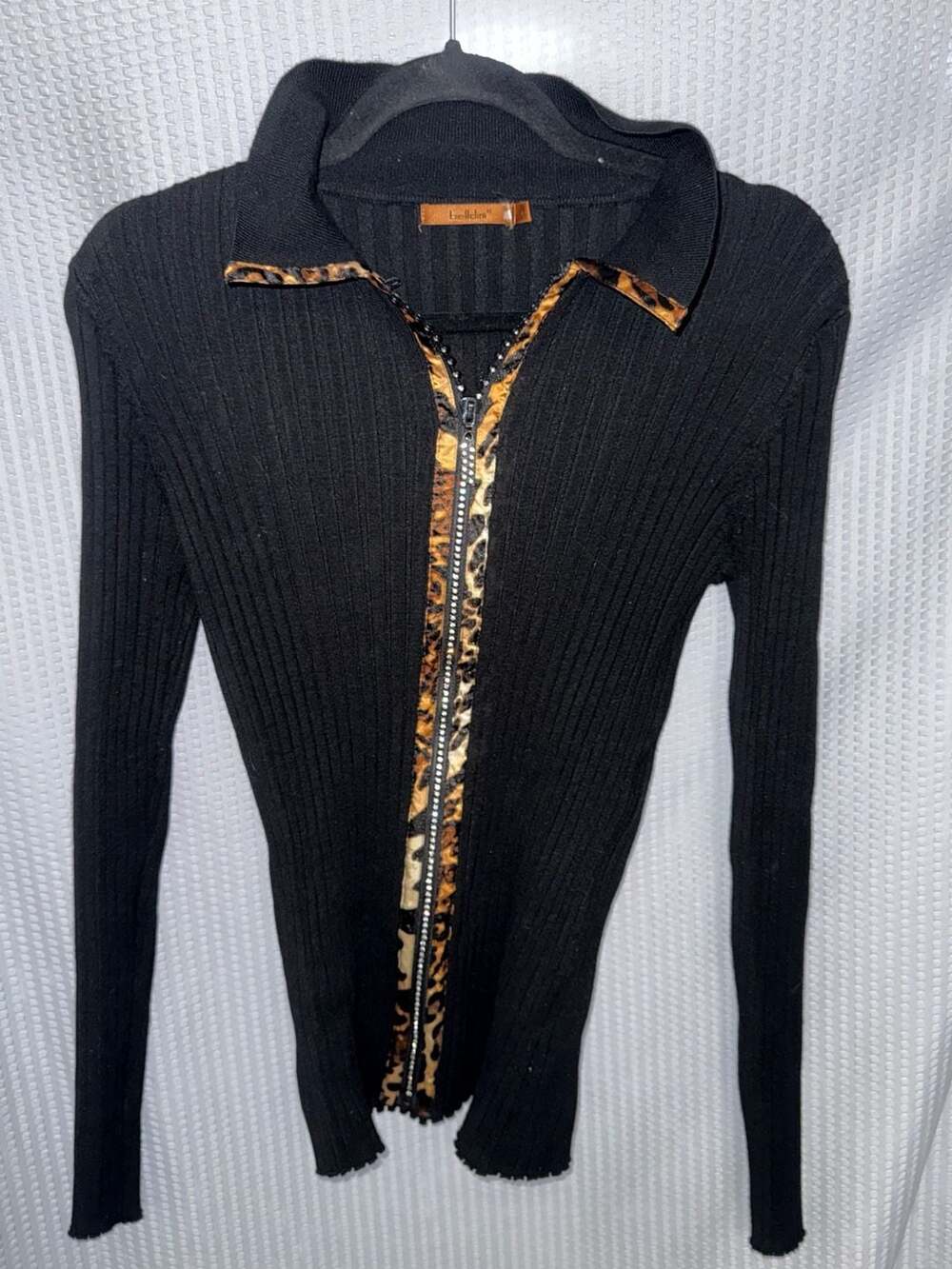 Belldini Women's Size L Black Ribbed Zip-Up Sweater with Leopard Trim